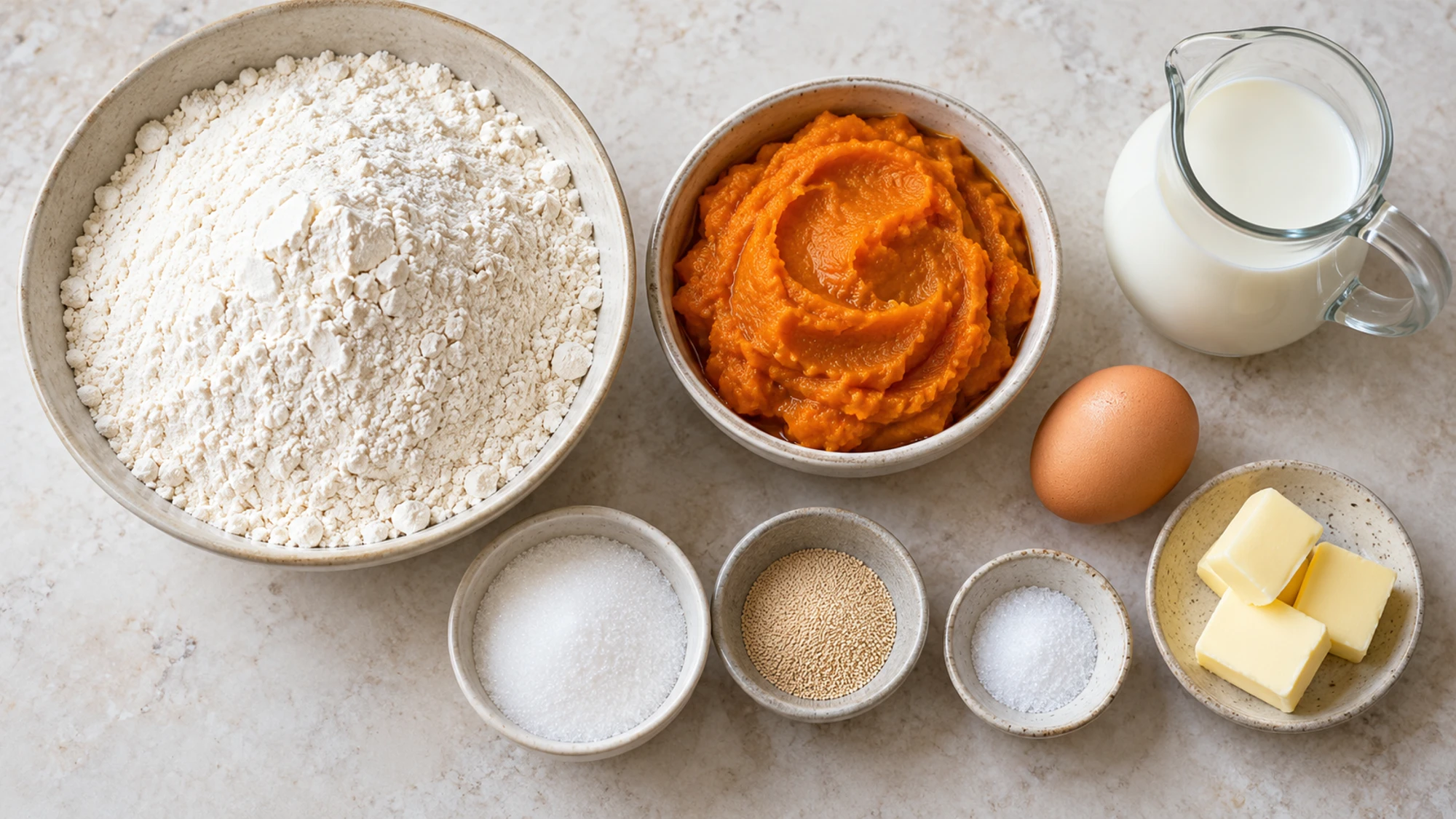 Flour, pumpkin puree, milk, egg, butter, sugar, yeast and salt for pumpkin dinner rolls