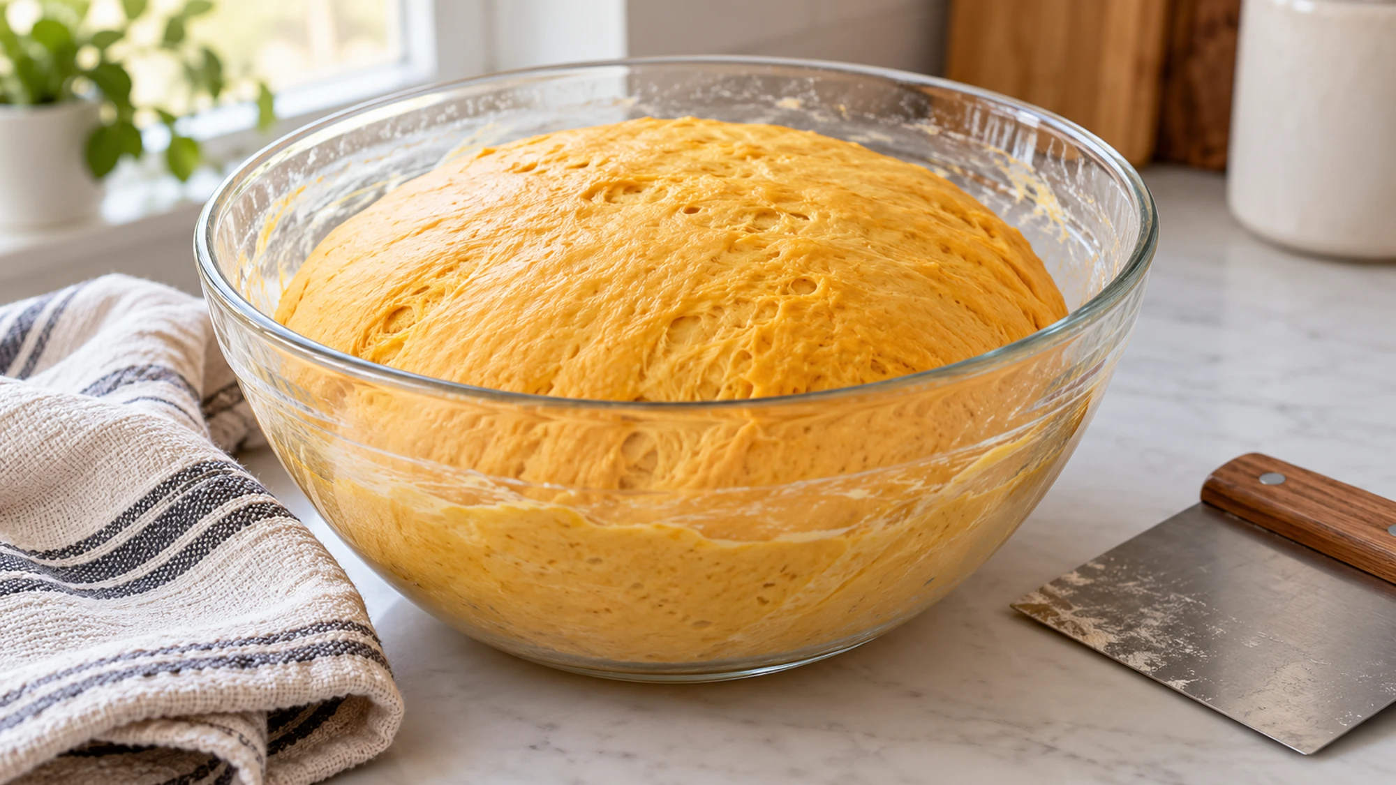 Risen golden dough for pumpkin dinner rolls in a glass bowl
