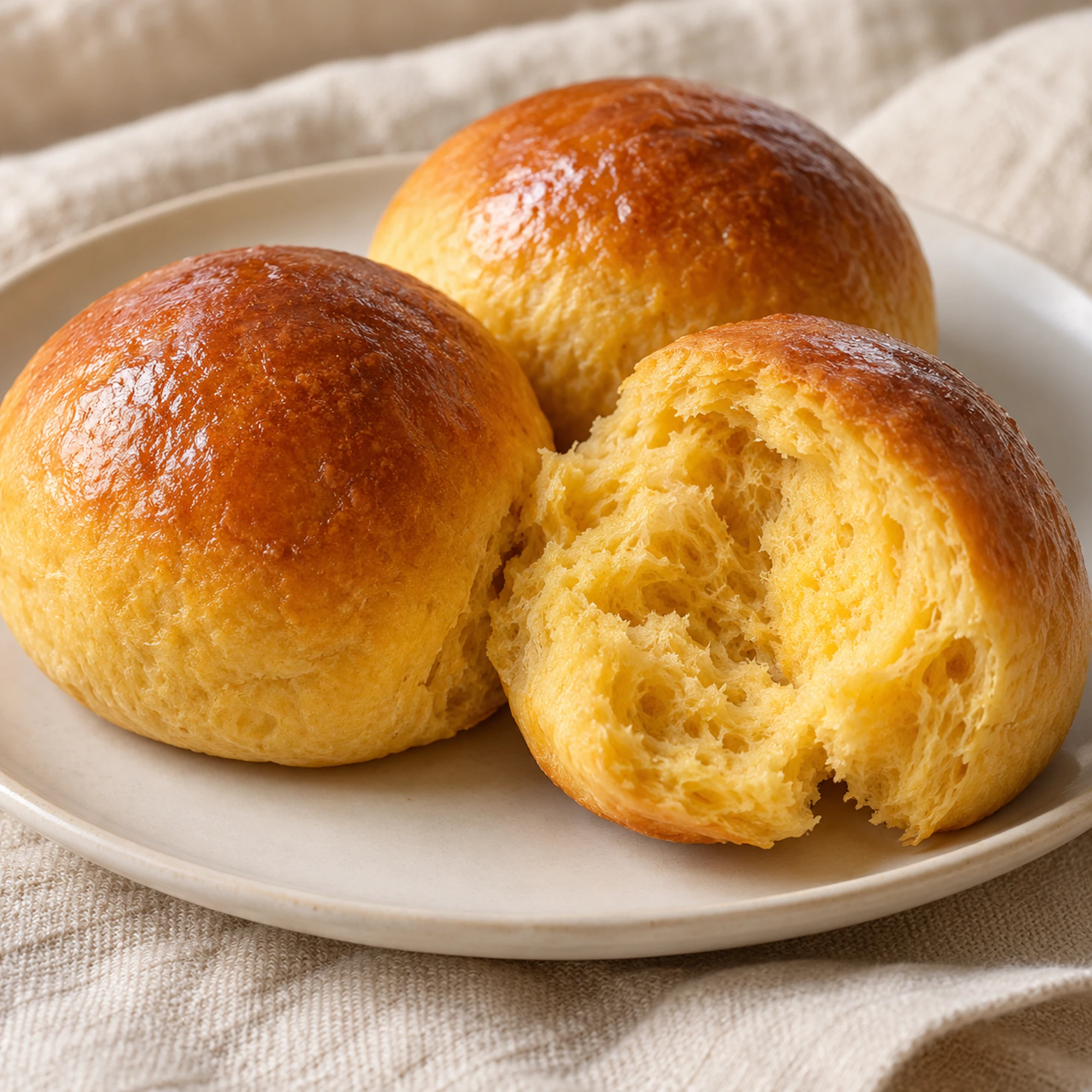 Pumpkin dinner rolls with one torn open to show the soft crumb