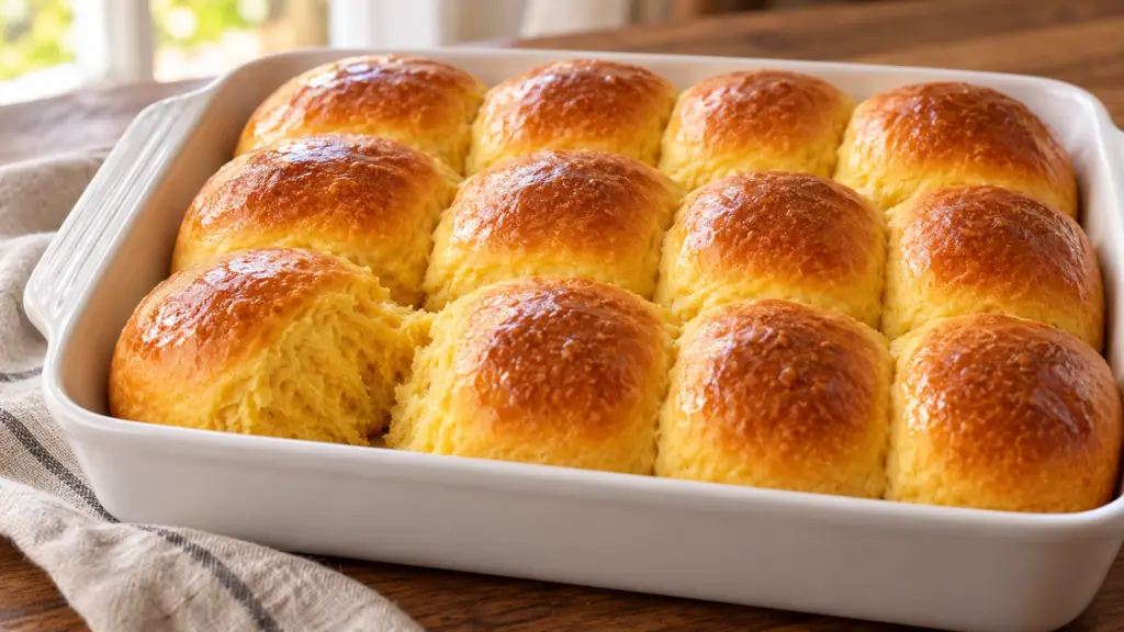 Twelve golden pumpkin dinner rolls in a baking dish