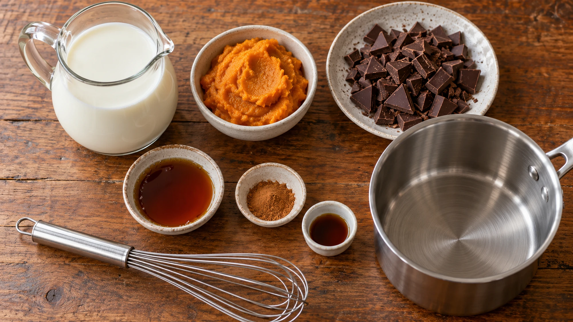 Pumpkin hot chocolate ingredients with milk, puree, chopped chocolate, and cinnamon