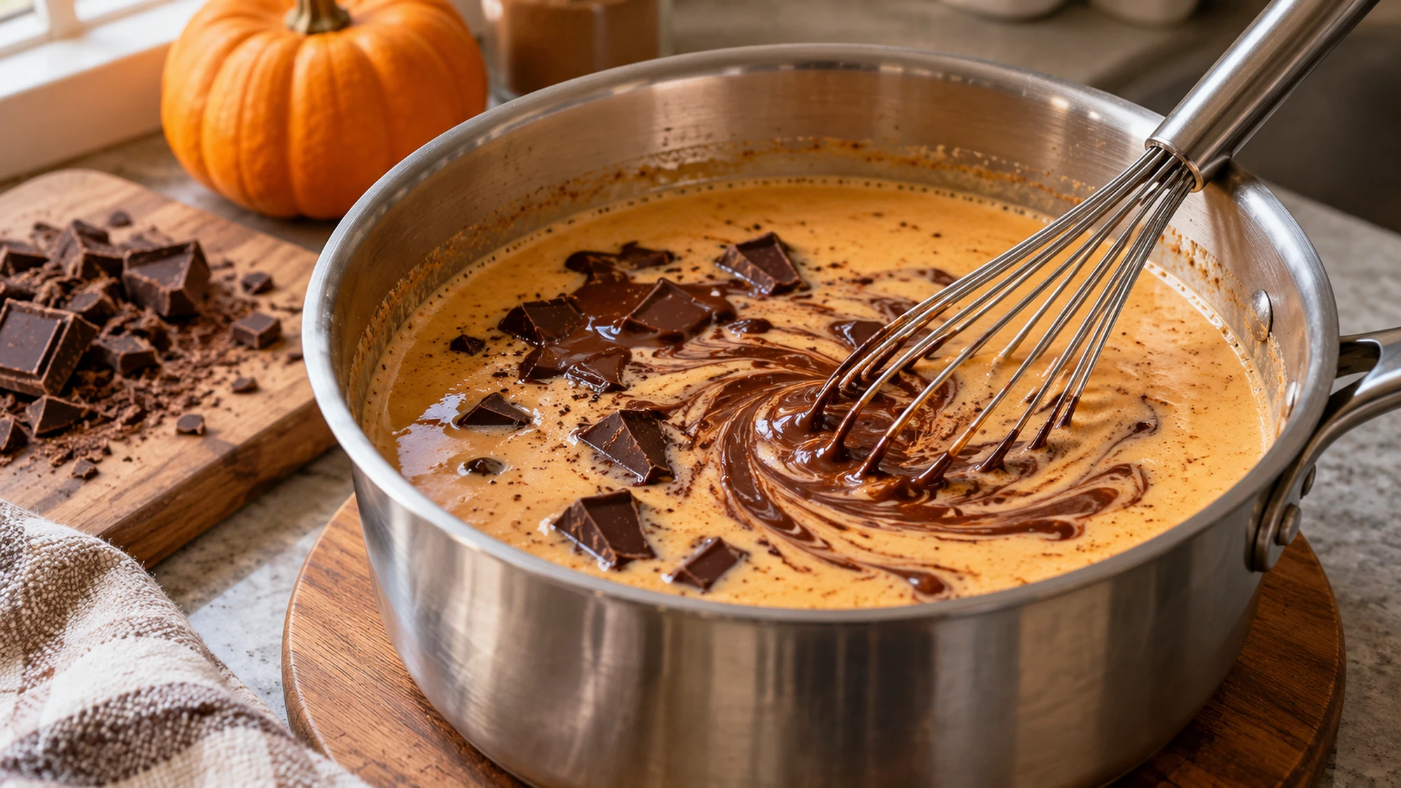 Pumpkin hot chocolate coming together as chocolate melts into warm pumpkin milk