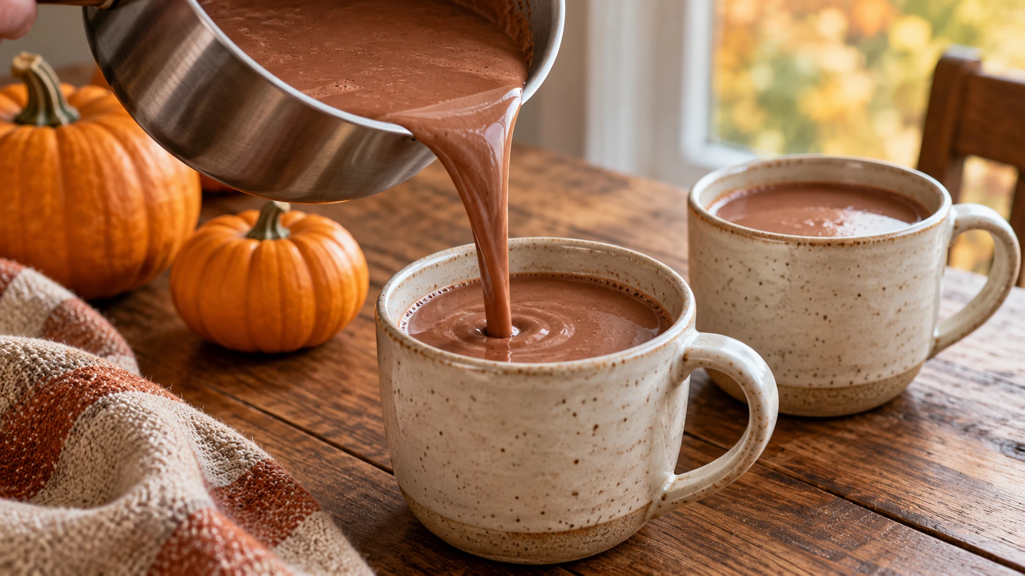 Pumpkin hot chocolate pouring from a saucepan into a mug
