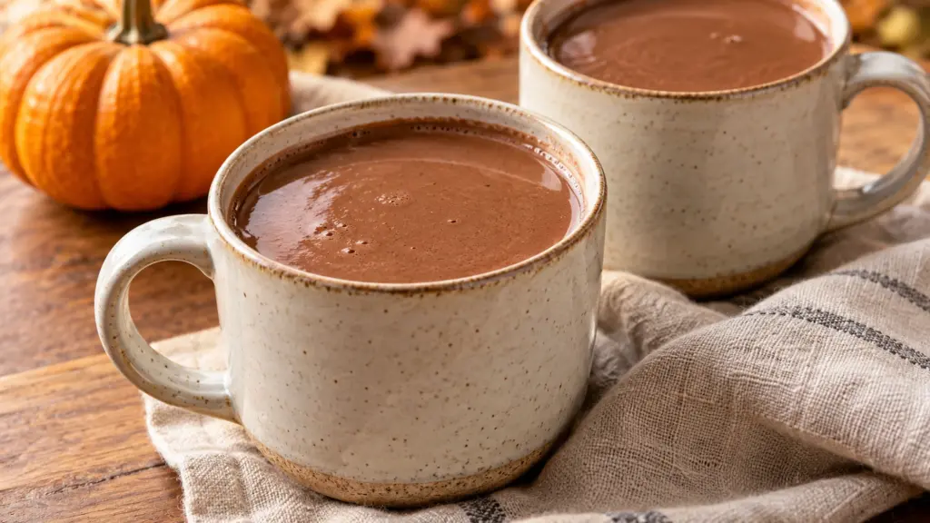 Pumpkin hot chocolate in two cream ceramic mugs