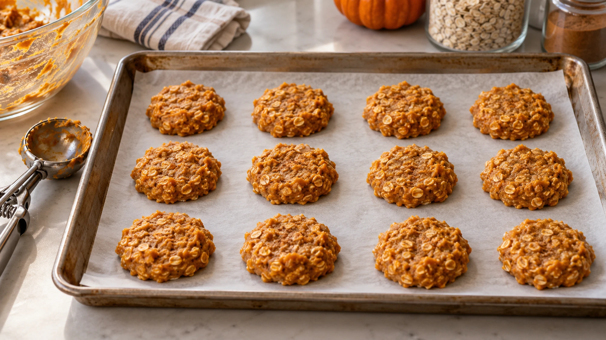 Portioned dough for pumpkin oatmeal cookies ready to bake