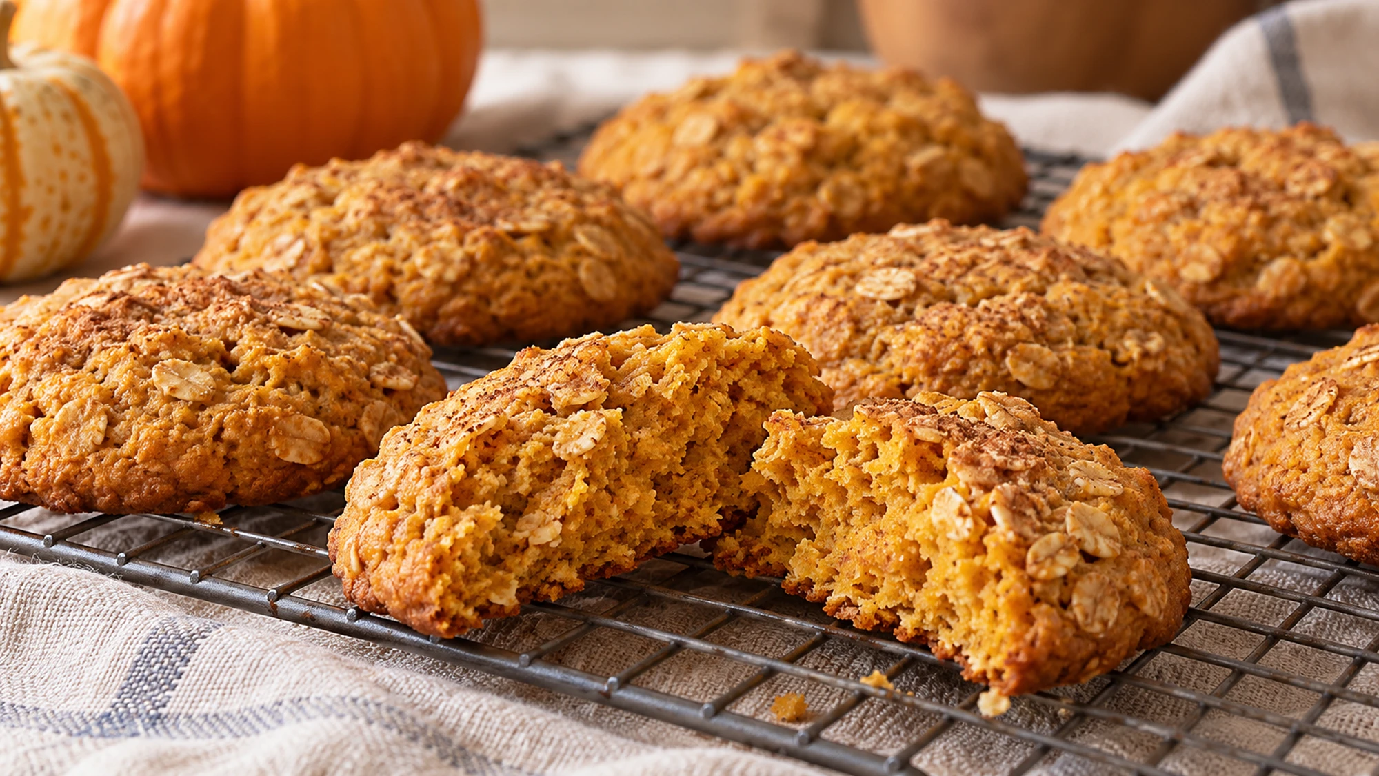 Pumpkin oatmeal cookies cooling with a broken cookie showing the soft center