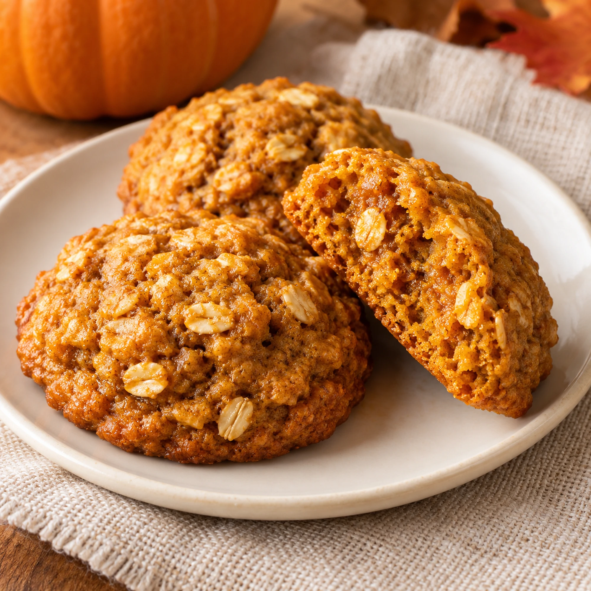 Pumpkin oatmeal cookies with golden edges and visible oats