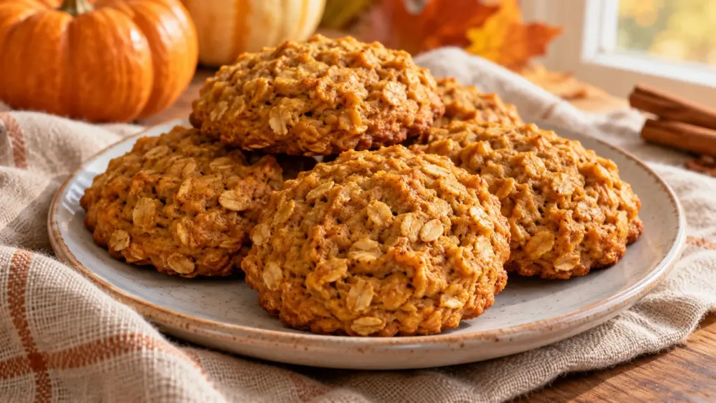 Soft pumpkin oatmeal cookies on a plate