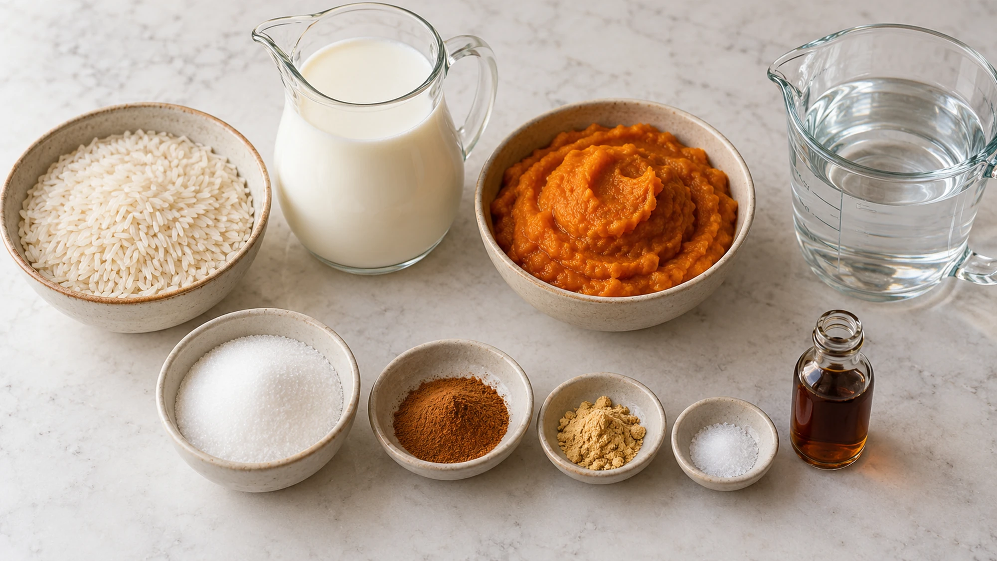 Rice, milk, pumpkin puree, sugar and spices for pumpkin rice pudding