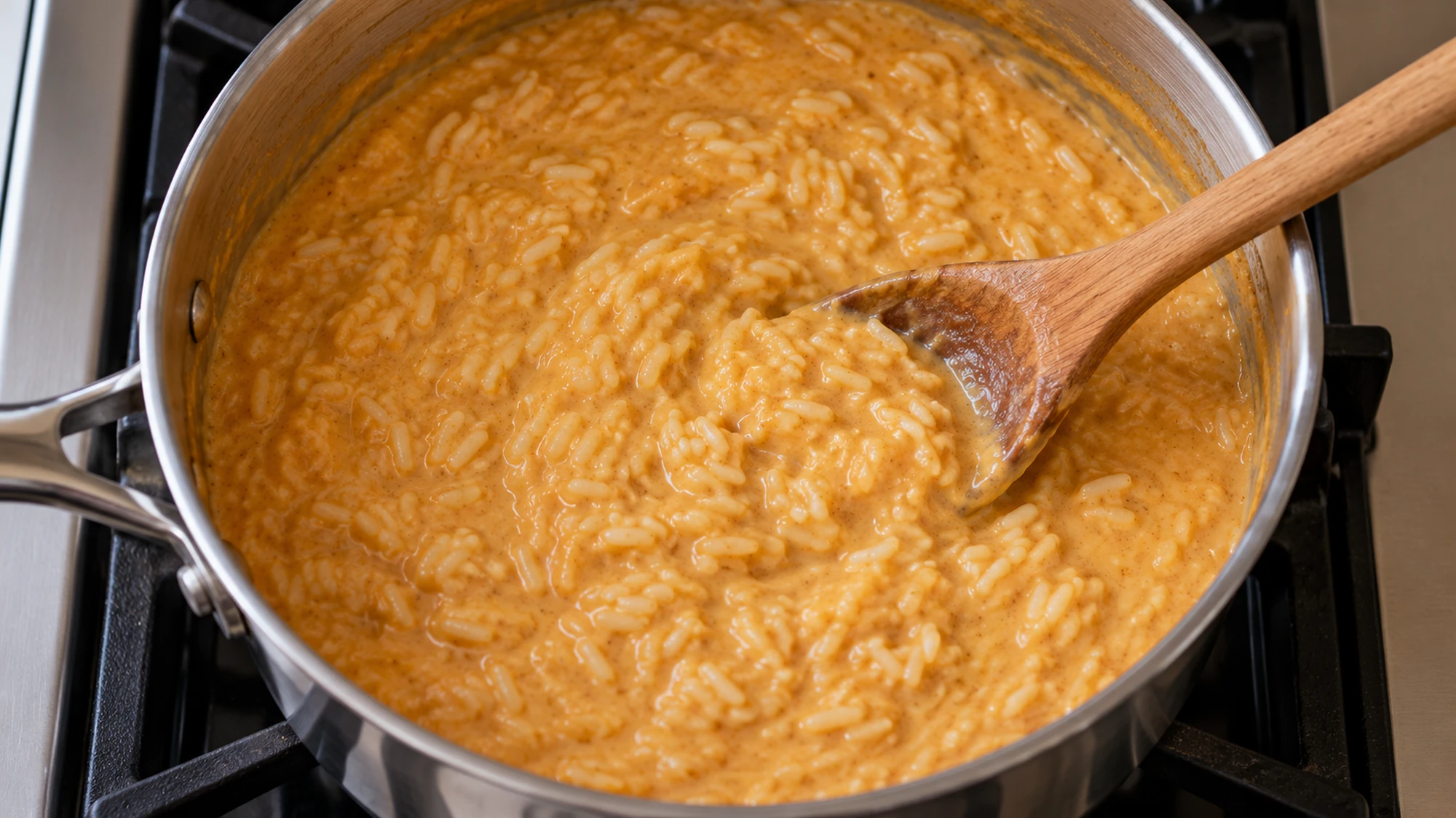 Pumpkin rice pudding gently simmering in a saucepan with a wooden spoon