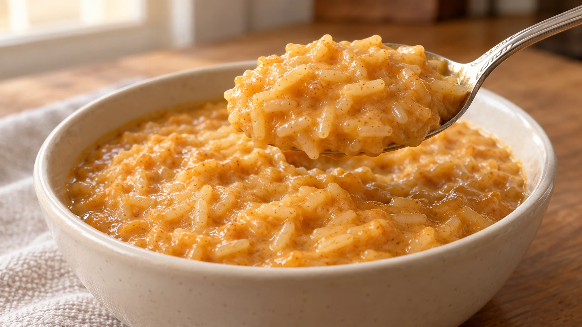 A spoonful of pumpkin rice pudding showing soft rice grains in creamy sauce
