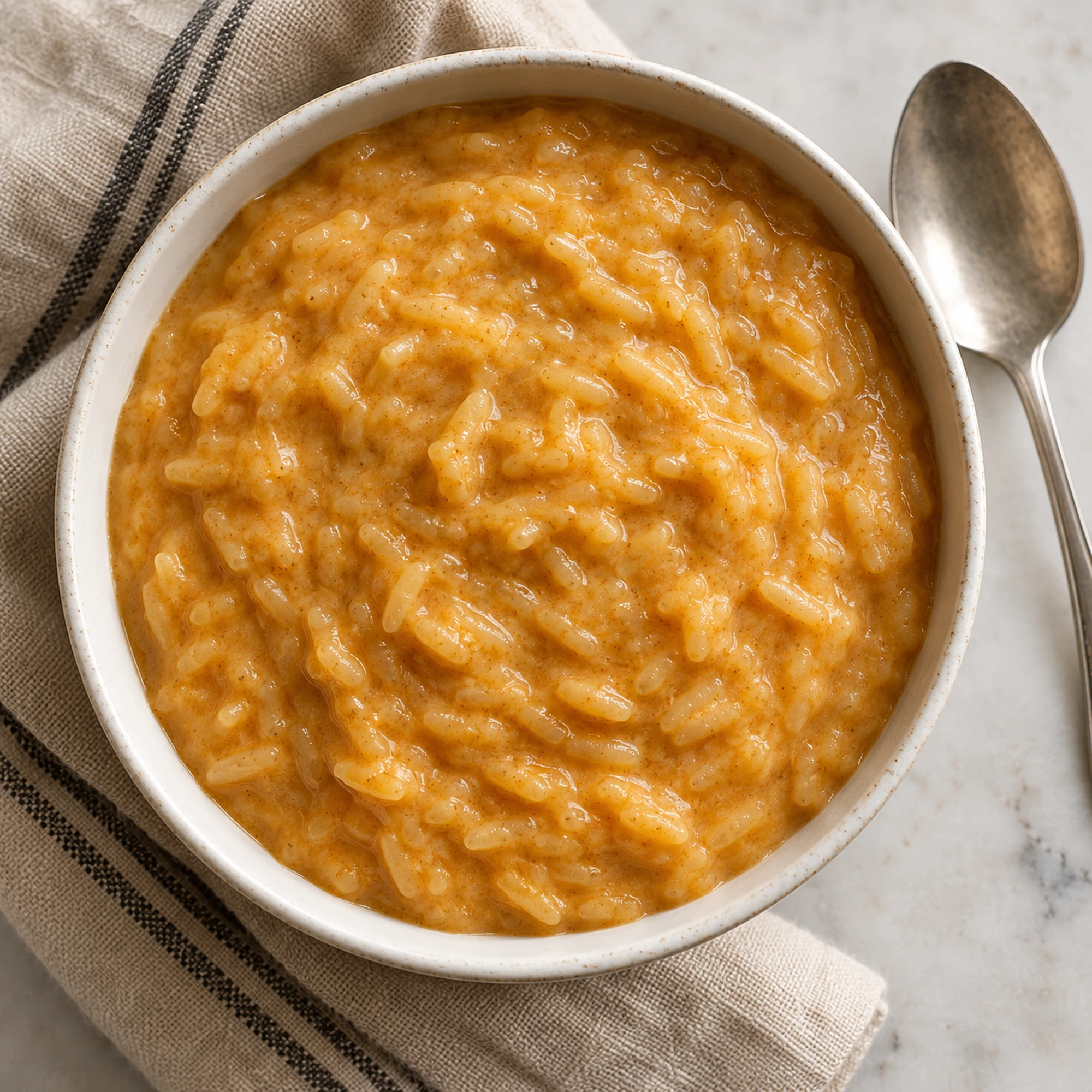 Pumpkin rice pudding served in a round bowl beside a spoon and linen napkin