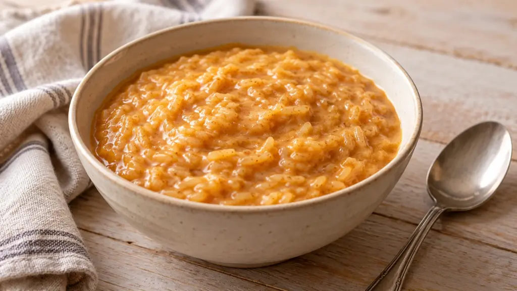 Pumpkin rice pudding with tender long-grain rice in a cream bowl