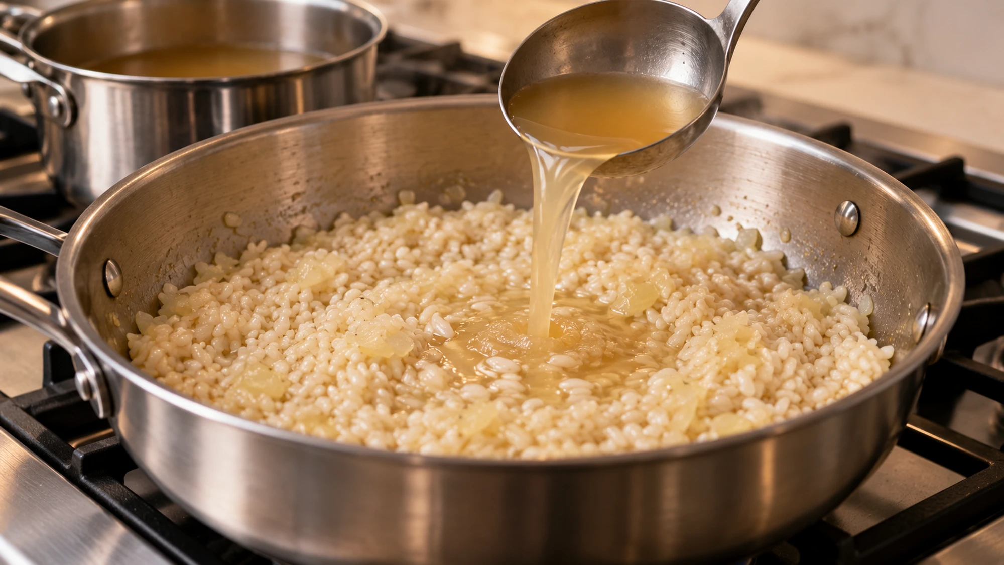 Warm broth being added to Arborio rice for pumpkin risotto