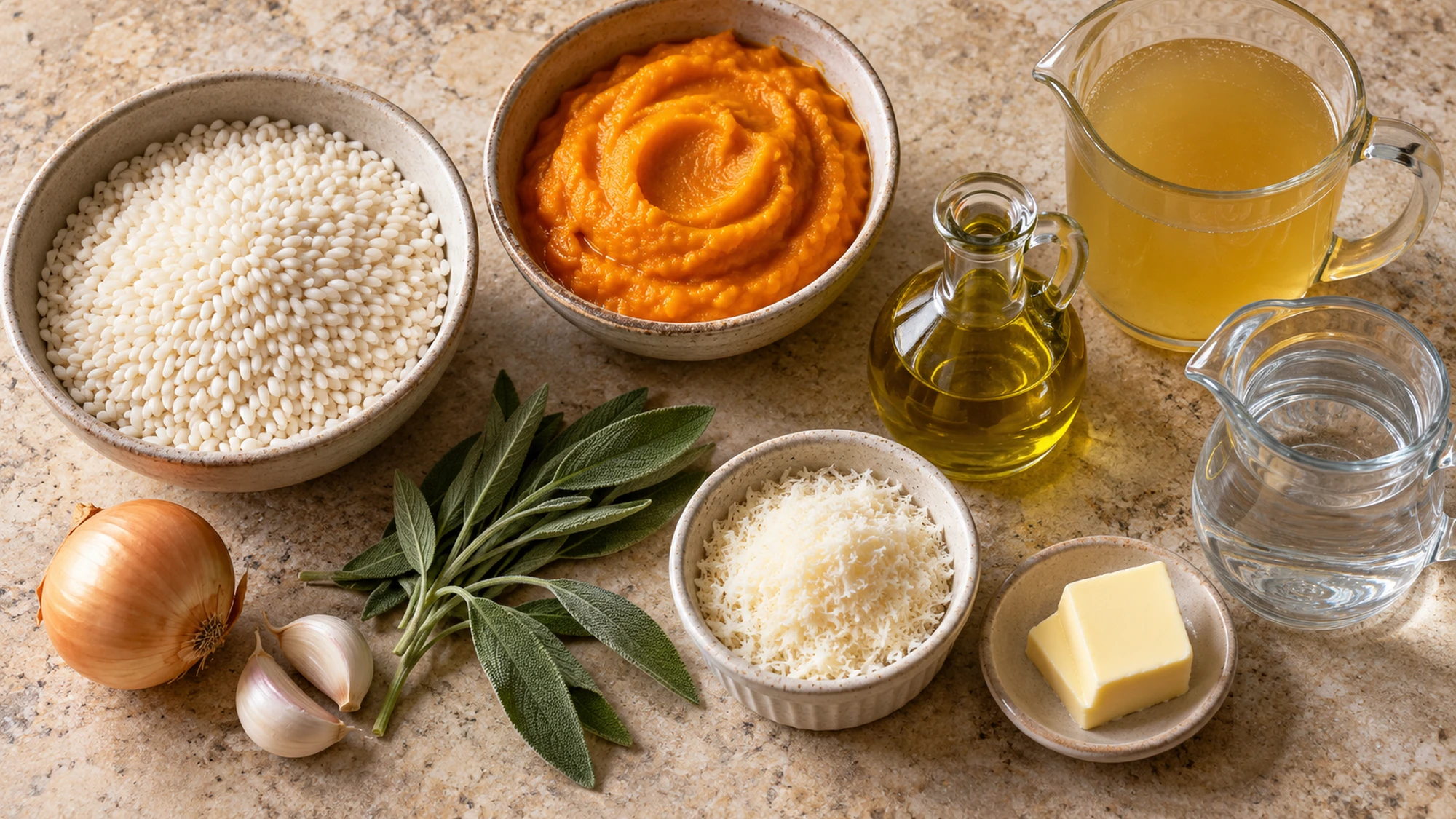Pumpkin risotto ingredients with Arborio rice, puree, sage, Parmesan, butter, and broth