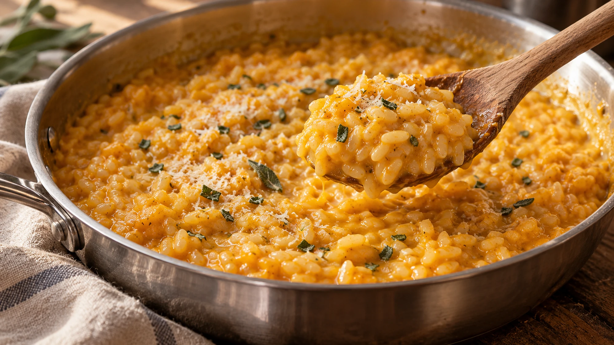 A wooden spoon lifting creamy pumpkin risotto from a wide pan