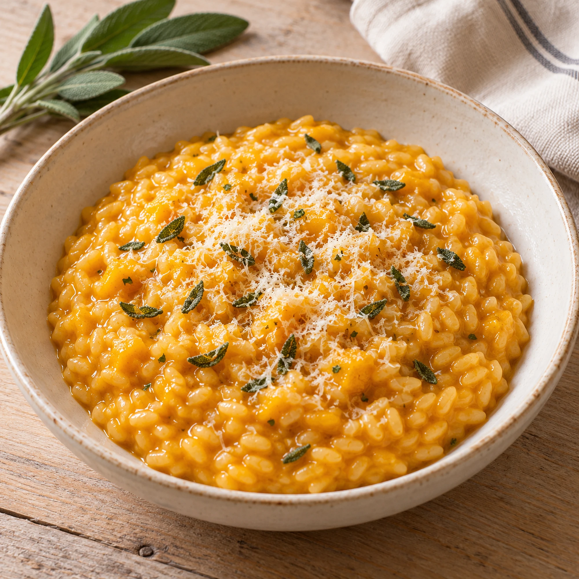 Square view of pumpkin risotto topped with a little Parmesan and chopped sage