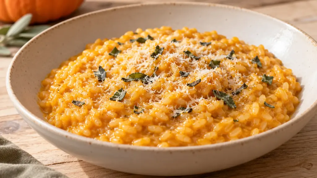 Pumpkin risotto with grated Parmesan and chopped sage in a shallow bowl