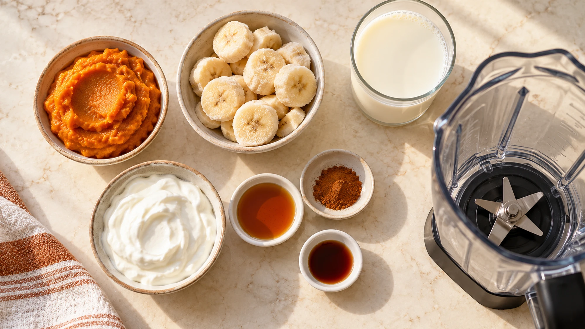 Pumpkin smoothie ingredients including puree, banana, milk, and Greek yogurt
