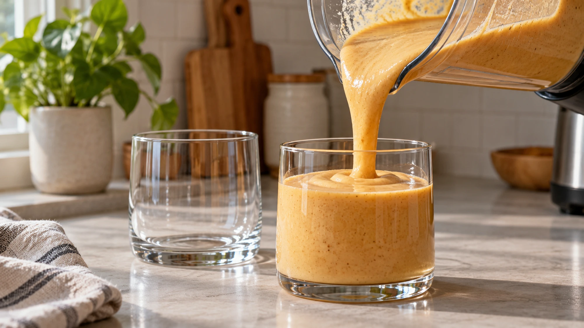 Pumpkin smoothie pouring from a blender into a glass