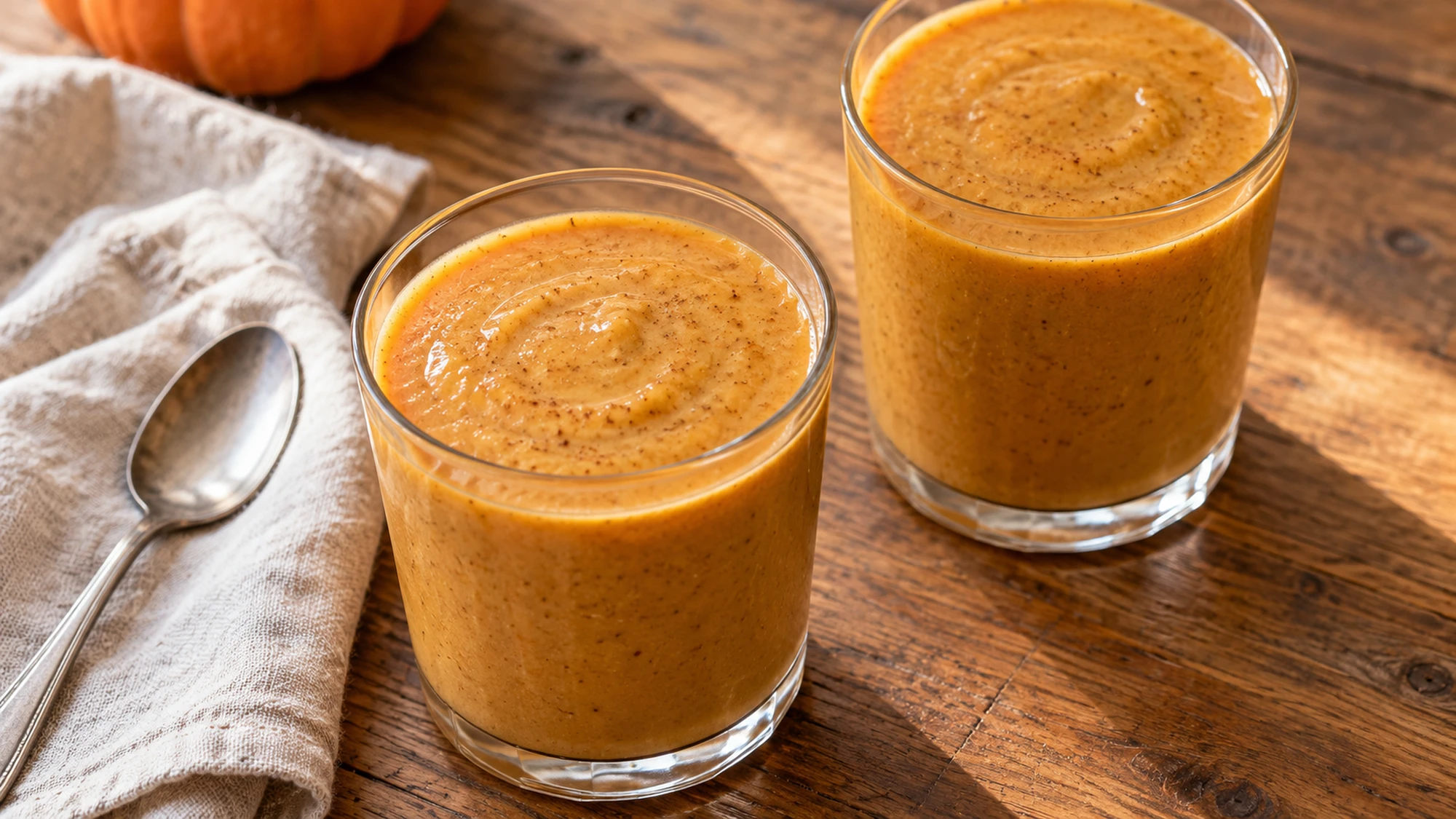 Pumpkin smoothie in two glasses viewed from above