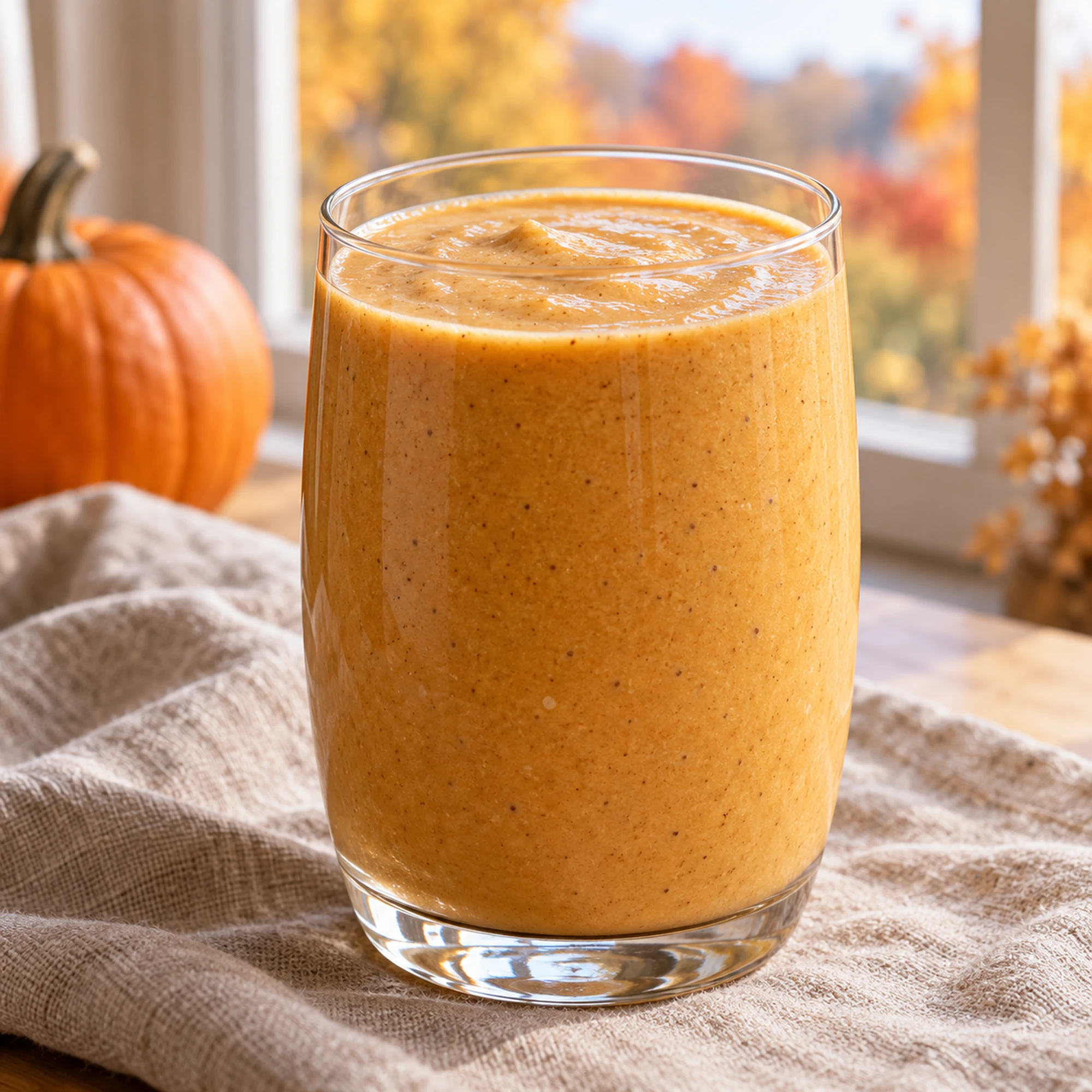 A glass of pumpkin smoothie with a smooth orange texture