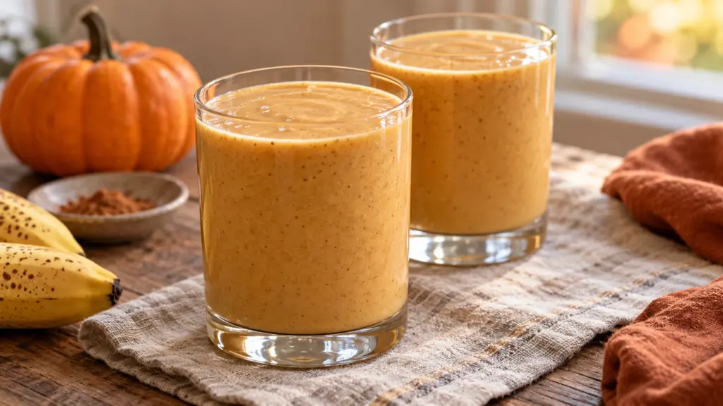 Pumpkin smoothie in two glasses with a creamy cinnamon-speckled texture