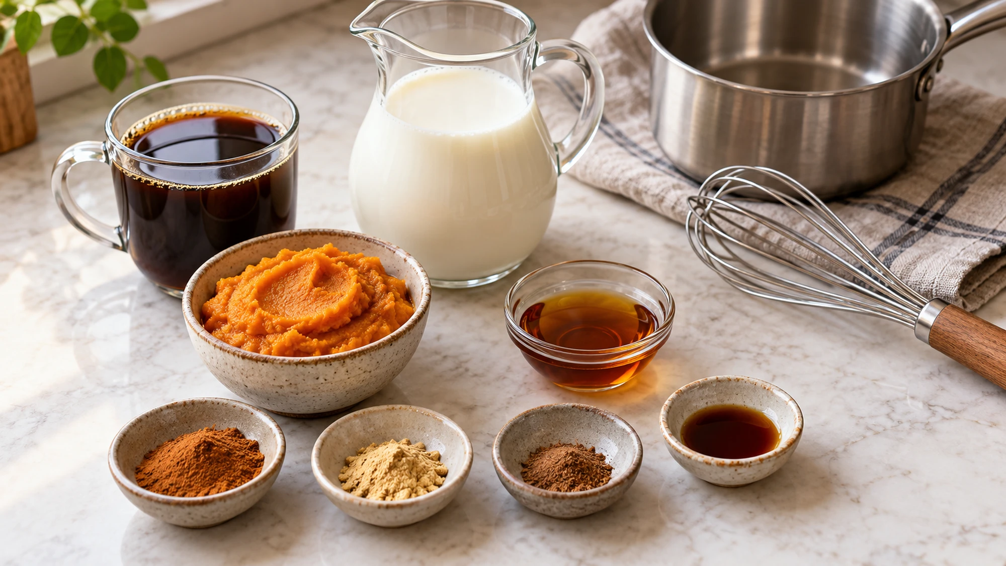 Pumpkin spice latte ingredients with milk, coffee, puree, and ground spices