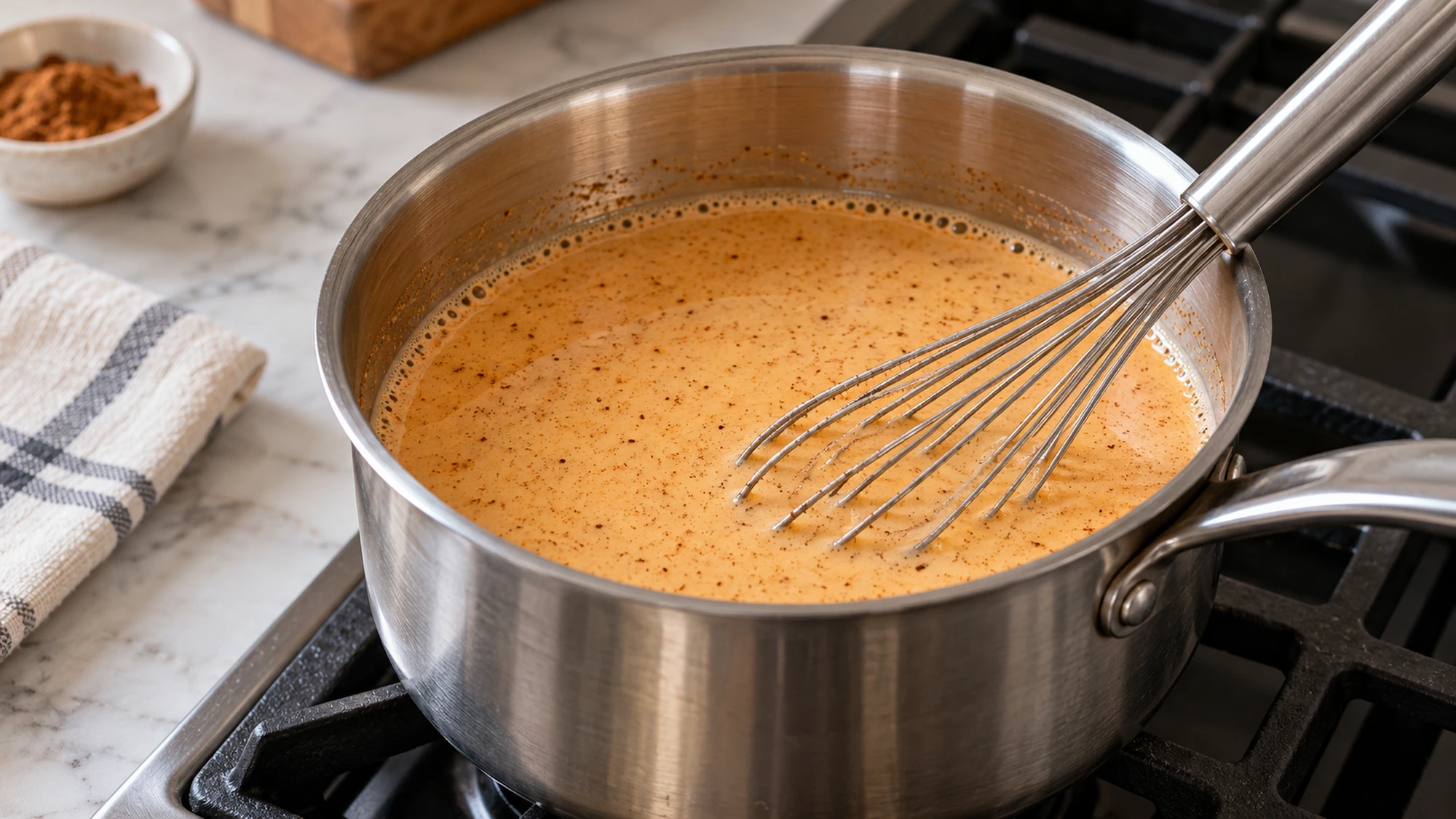 Pumpkin spice latte milk mixture being whisked in a saucepan