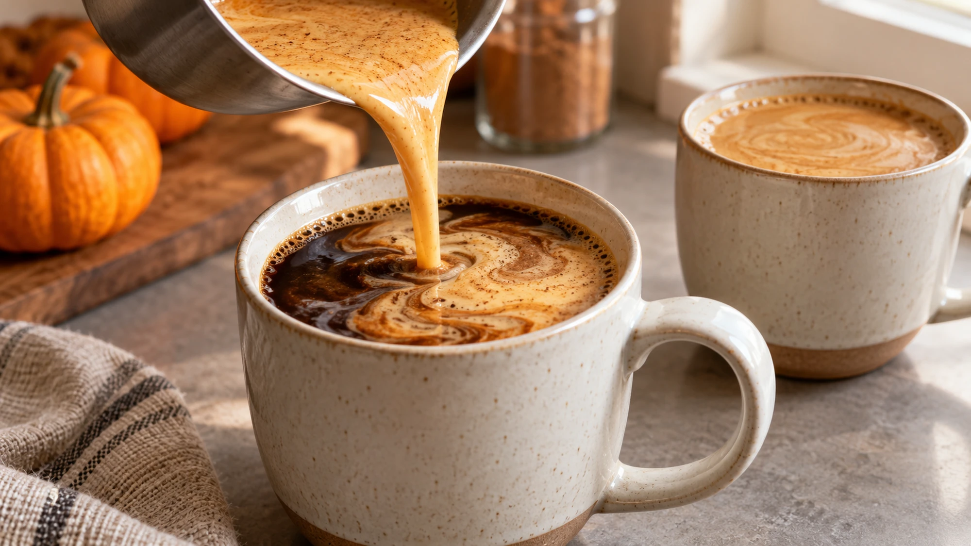 Pumpkin spice latte coming together as spiced milk pours over coffee