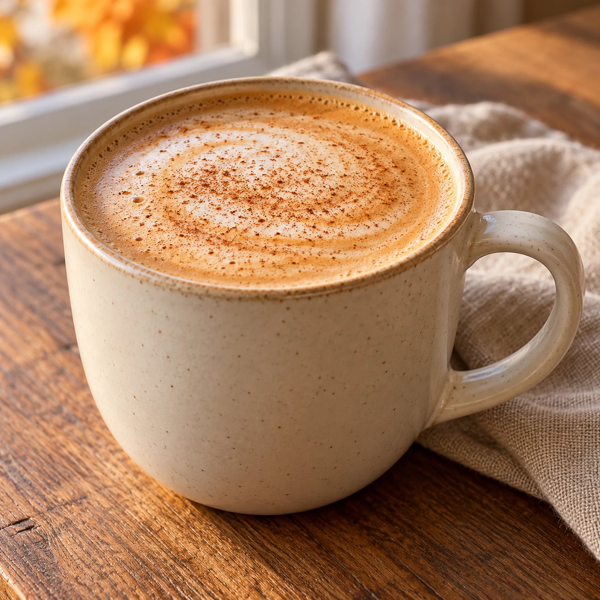 A mug of pumpkin spice latte with a creamy lightly foamed top