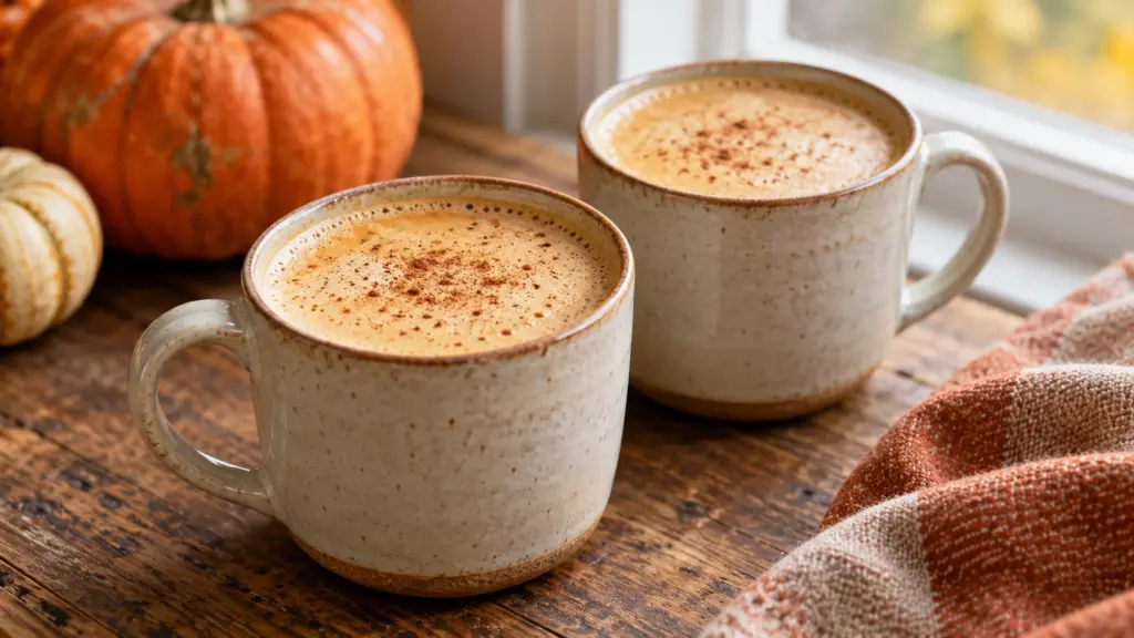 Pumpkin spice latte in two ceramic mugs with lightly foamed milk