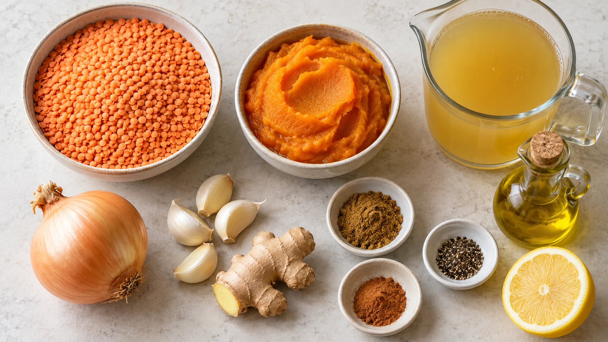 Red lentils, pumpkin puree, onion, ginger and broth for red lentil pumpkin soup