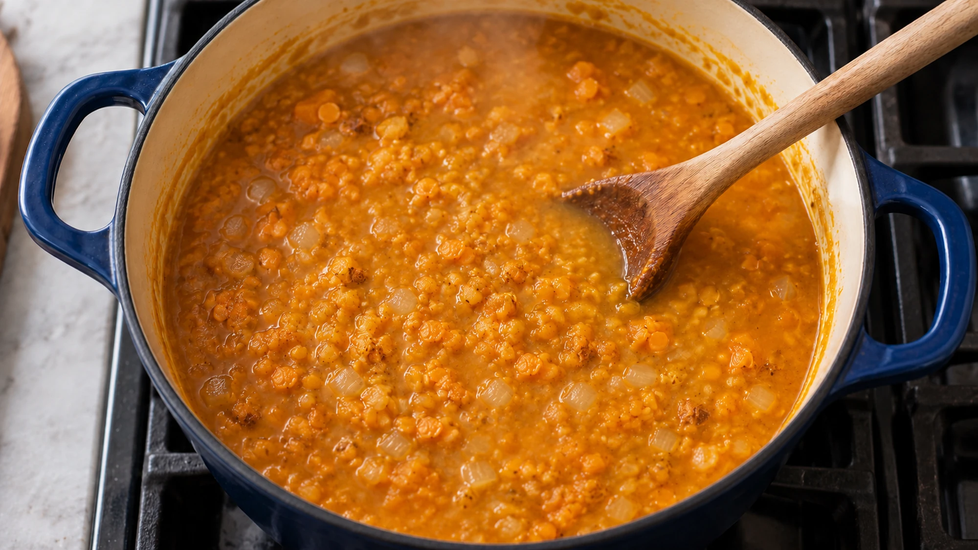 Red lentil pumpkin soup simmering with softened lentils and onion before blending