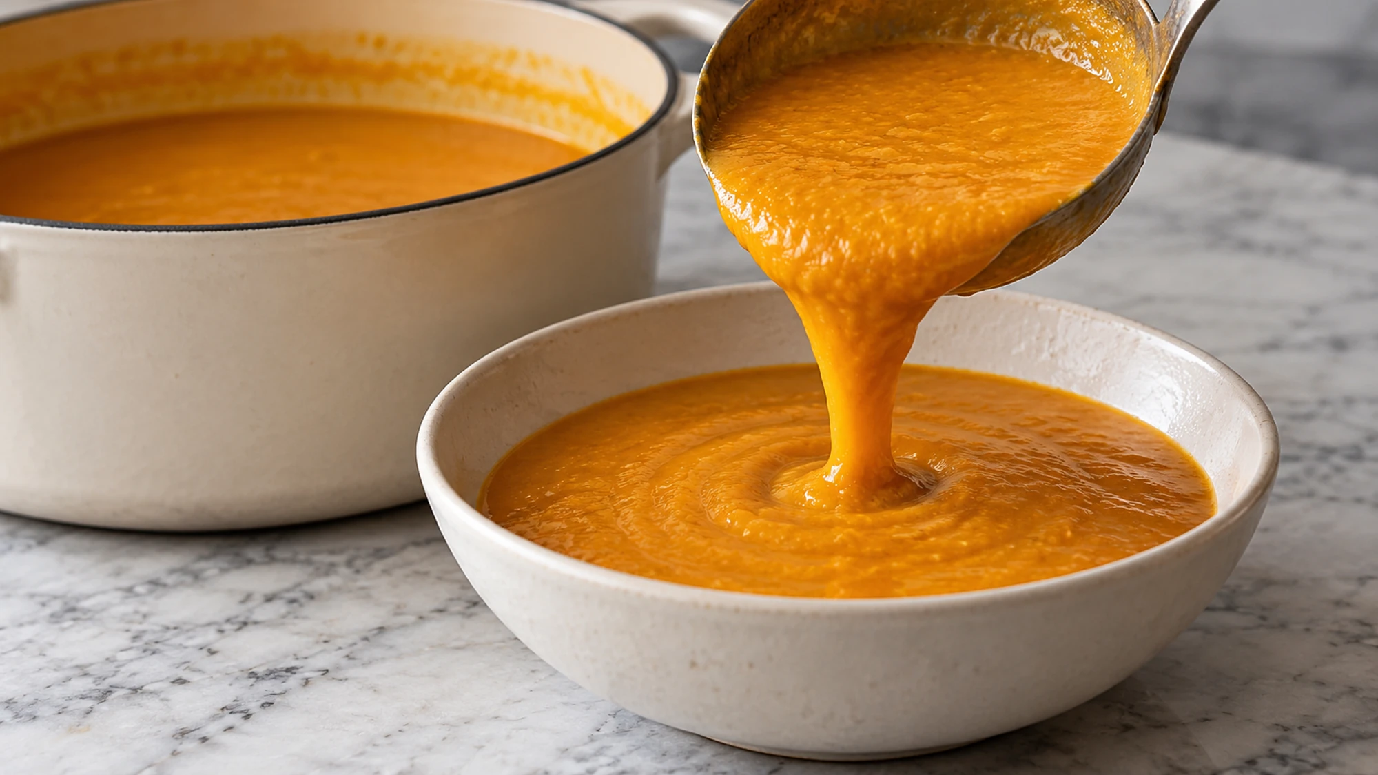 Red lentil pumpkin soup pouring from a ladle into a bowl