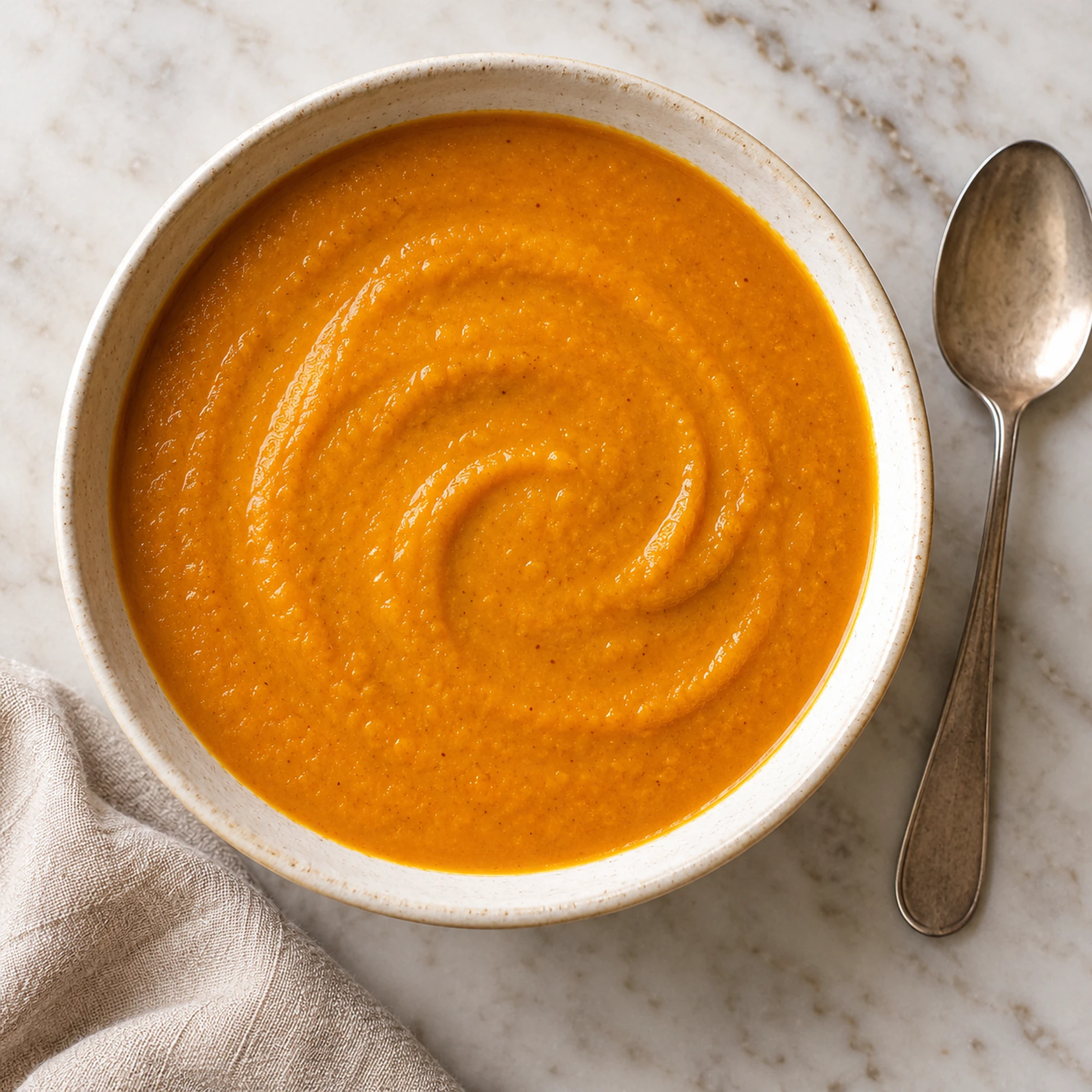 Red lentil pumpkin soup in a round cream bowl beside a metal spoon
