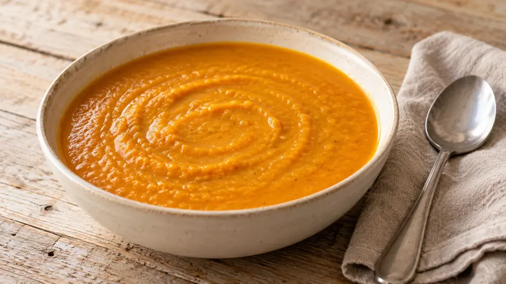 Red lentil pumpkin soup in a cream bowl with a smooth orange surface