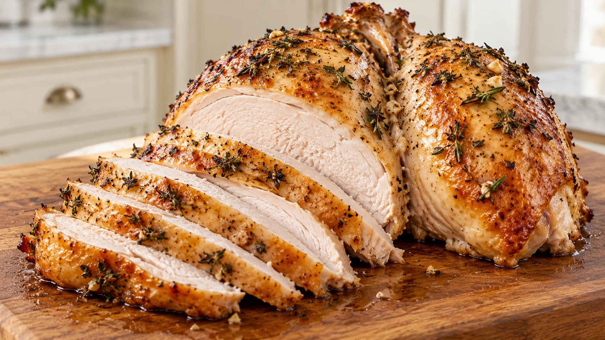 Sliced roast turkey breast showing white meat beneath golden herb-coated skin