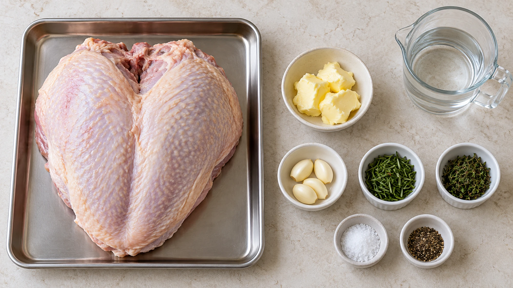 Roast turkey breast ingredients with raw poultry on a separate tray beside butter, garlic, and herbs