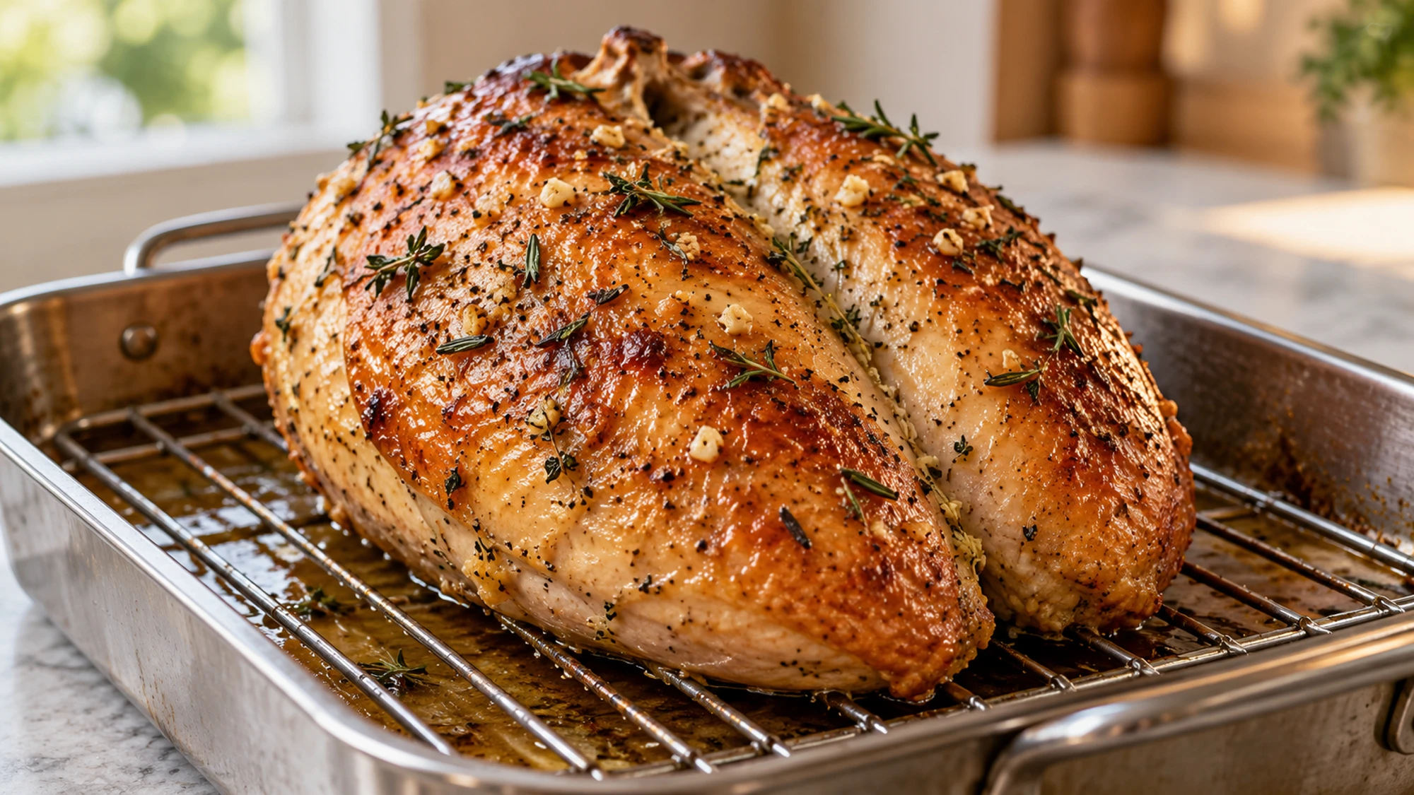 Roast turkey breast resting on a rack above pan juices