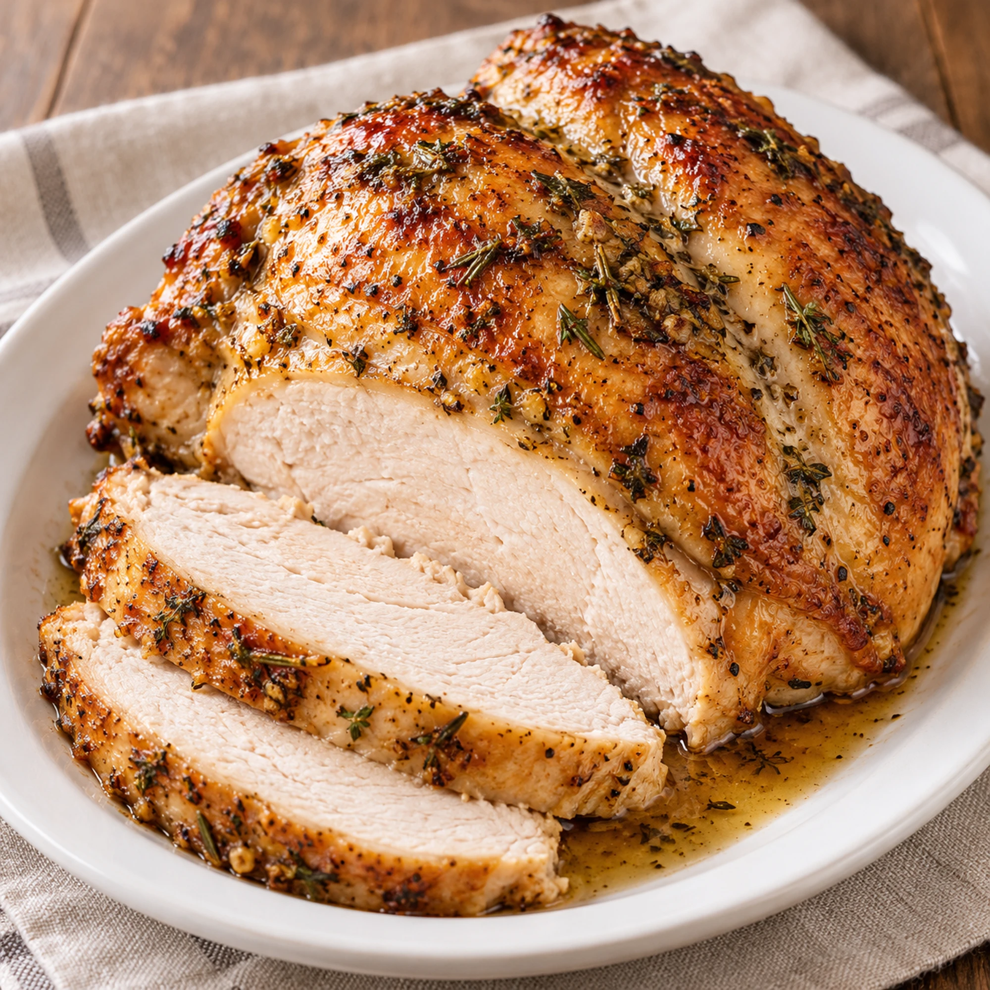 Square view of roast turkey breast with two slices on a white platter