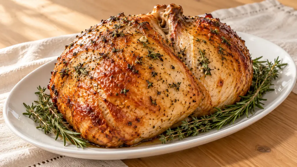 Roast turkey breast with golden garlic-herb skin and rosemary on a white platter