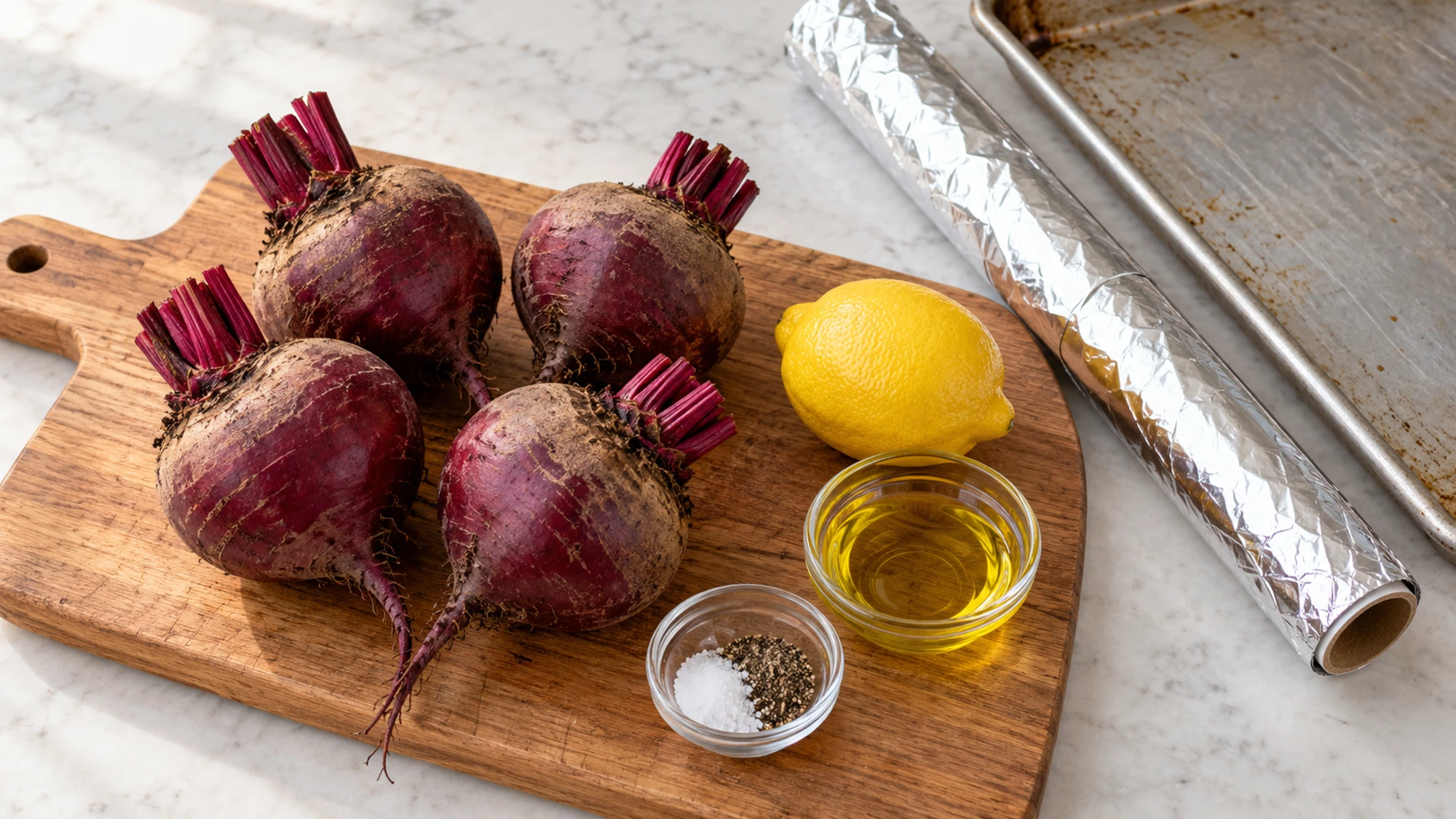 Fresh roots, lemon, olive oil, salt, and pepper for roasted beets