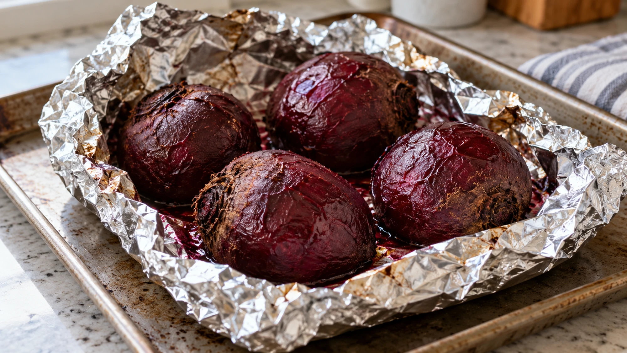 Whole roasted beets in an opened foil packet