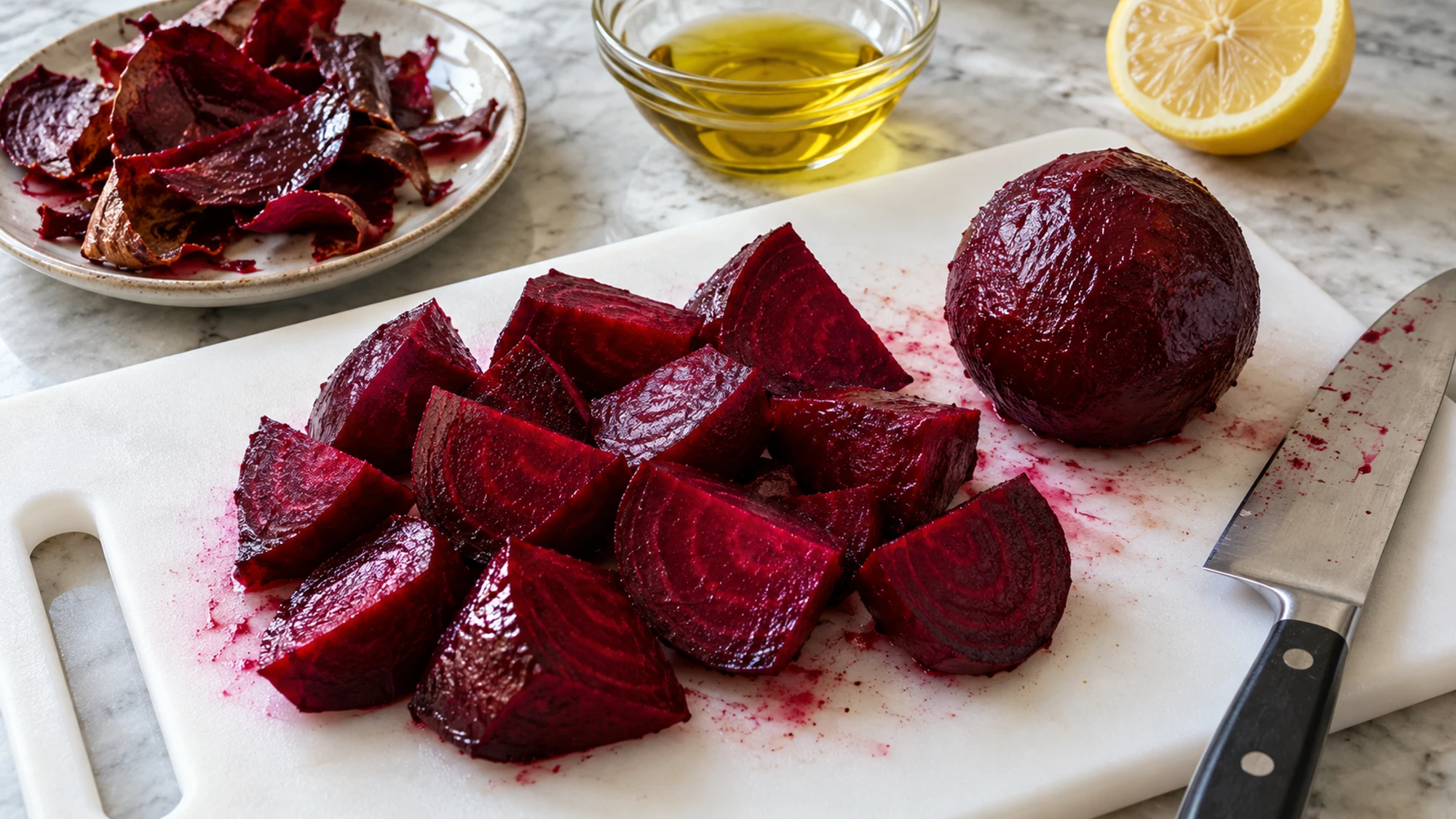 Peeled roasted beets cut into wedges on a washable board