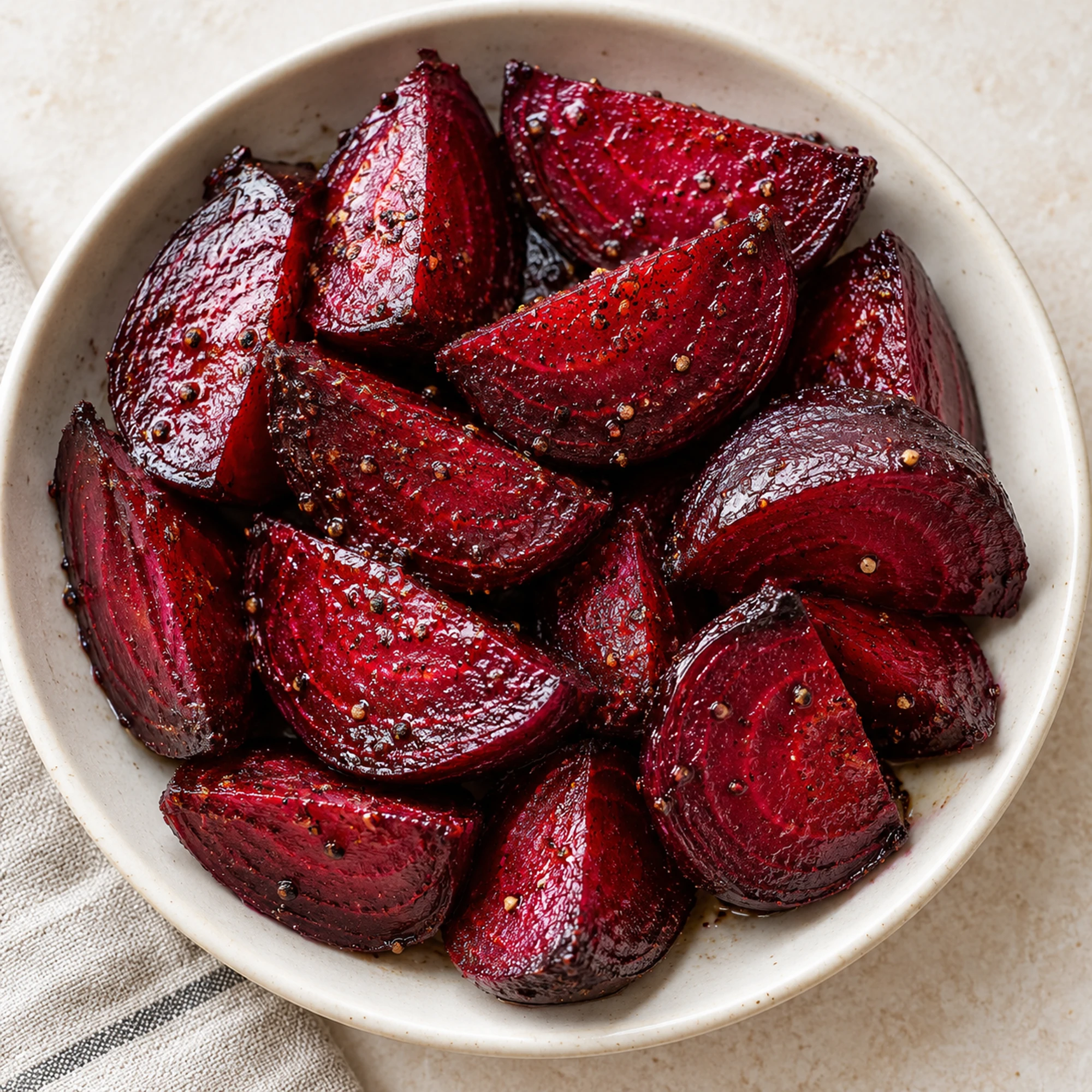 Tender roasted beets with lemon and olive oil in a small bowl