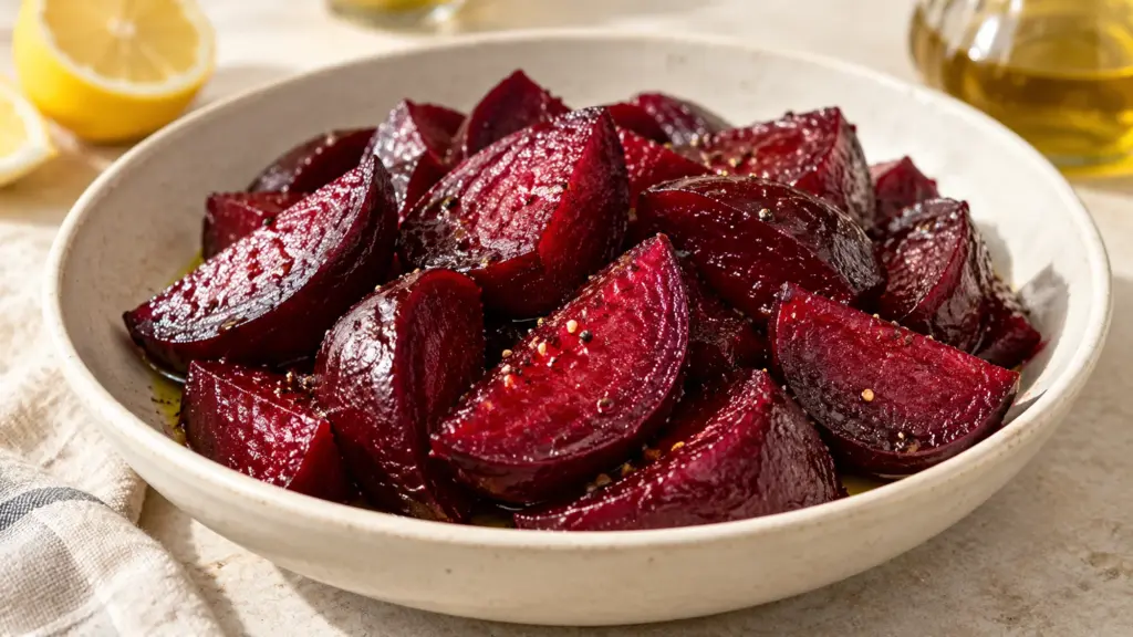 Roasted beets dressed with lemon and olive oil in an ivory bowl