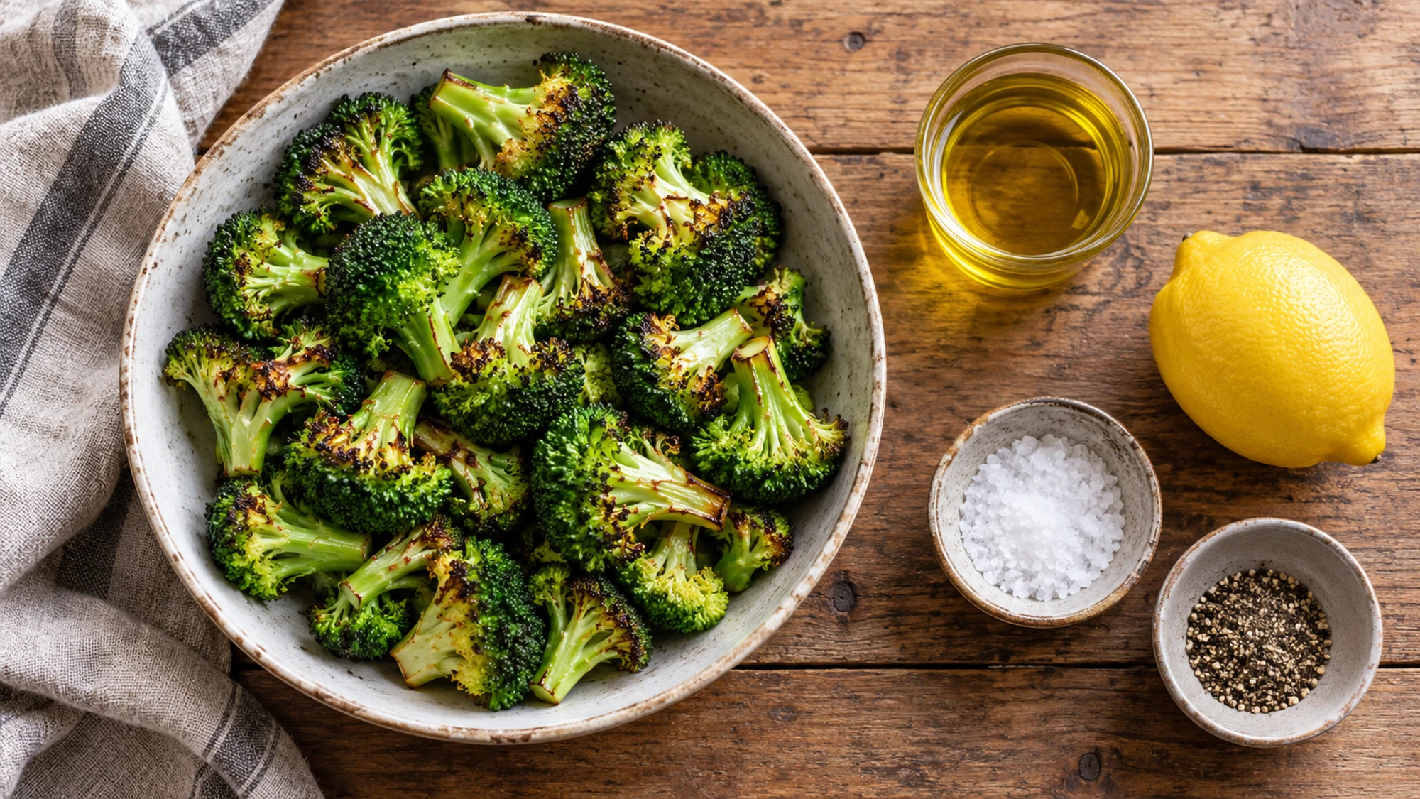 Roasted broccoli beside lemon olive oil salt and pepper