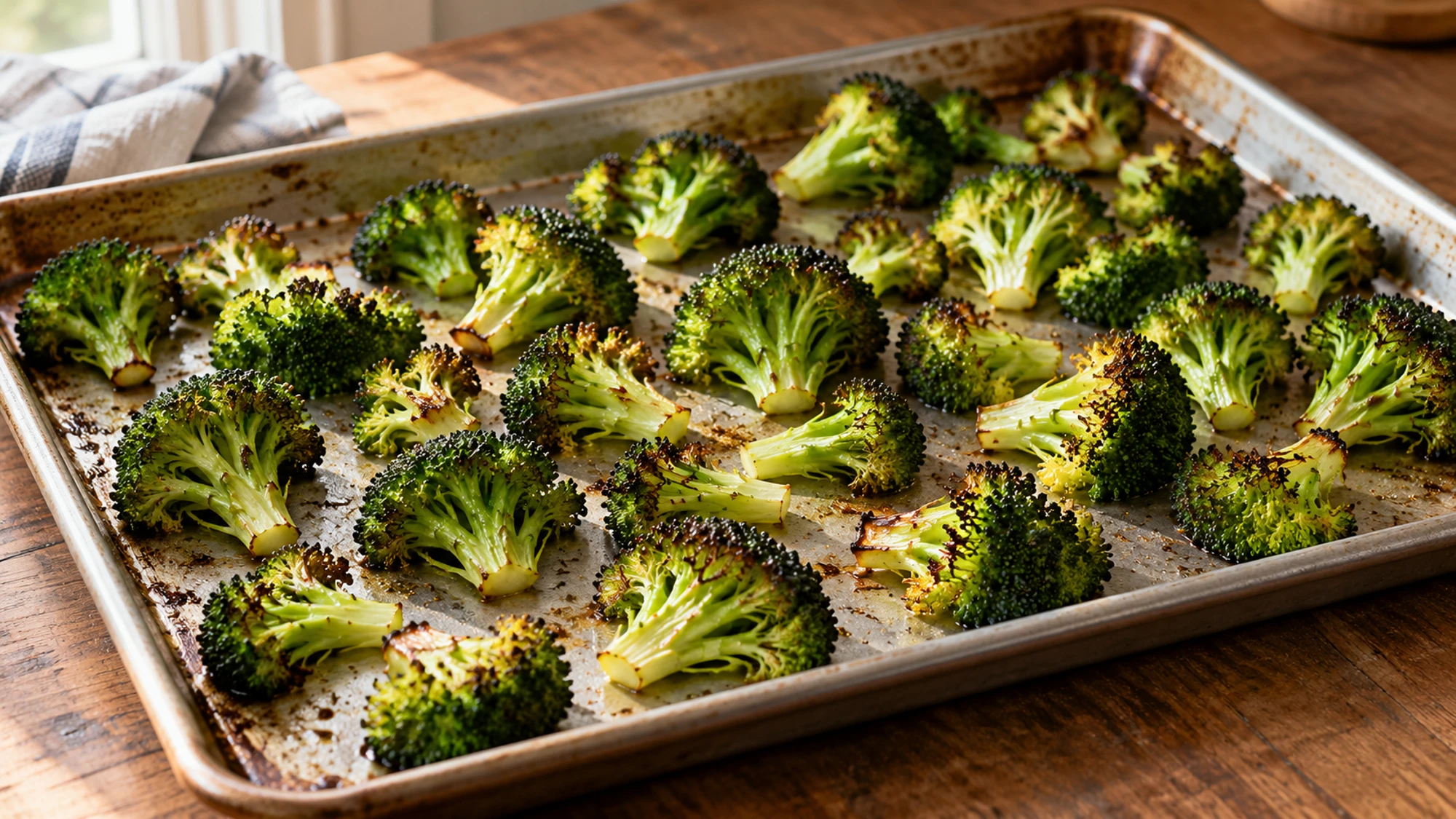 Roasted broccoli spaced across a rimmed sheet pan