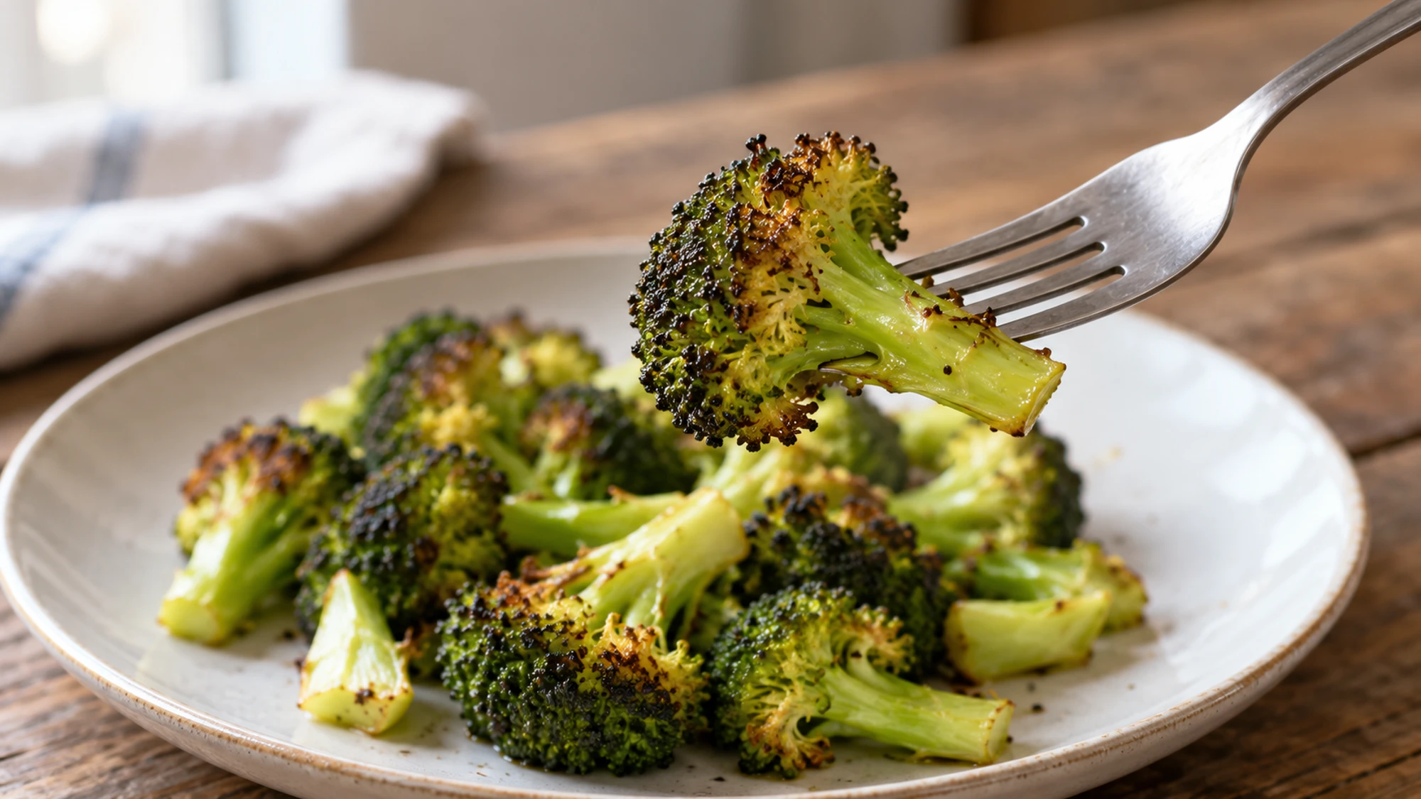 Fork holding a roasted broccoli floret with a tender stem